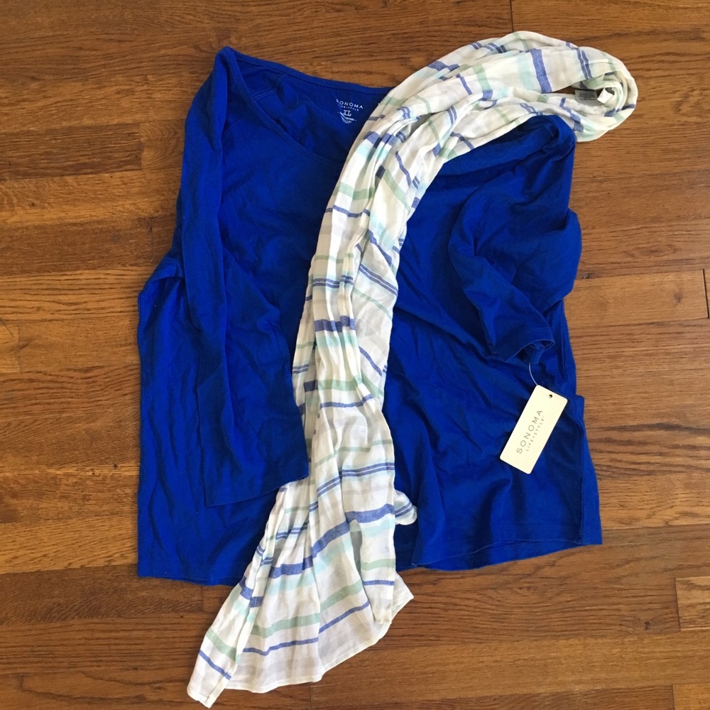 NWT Sonoma XL Blue 3/4 Shirt with Matching Scarf